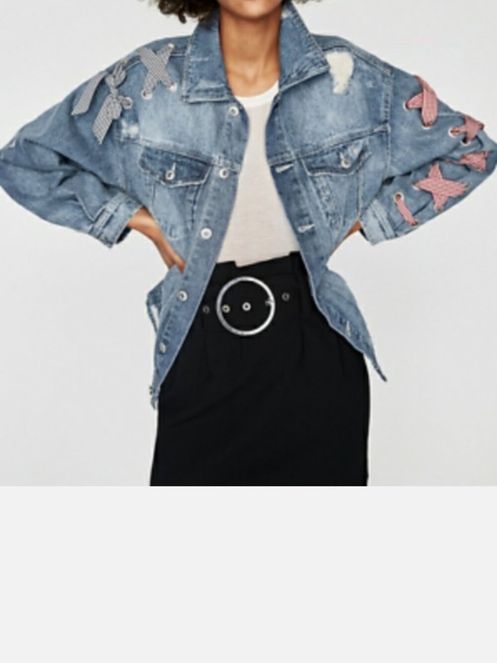 Zara Oversized Ribbon Detail Jean Jacket Sz Small Distressed Denim Boho Western